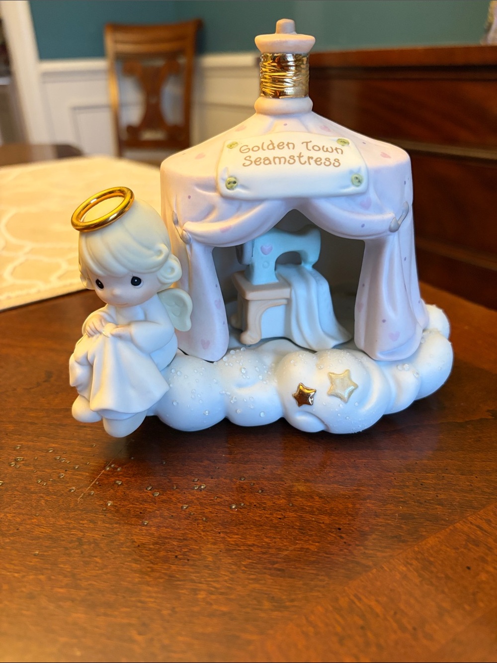 Precious Moments Golden Town Seamstress Angel Figurine - Pink, White and Gold